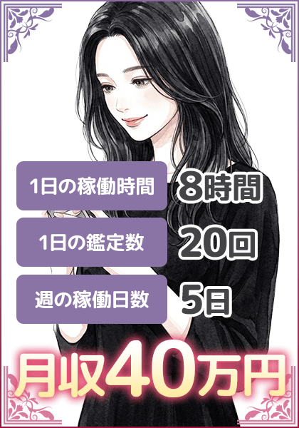 1日の稼働時間：8時間、1日の鑑定数：20回、週の稼働日数：5日＝月収40万円